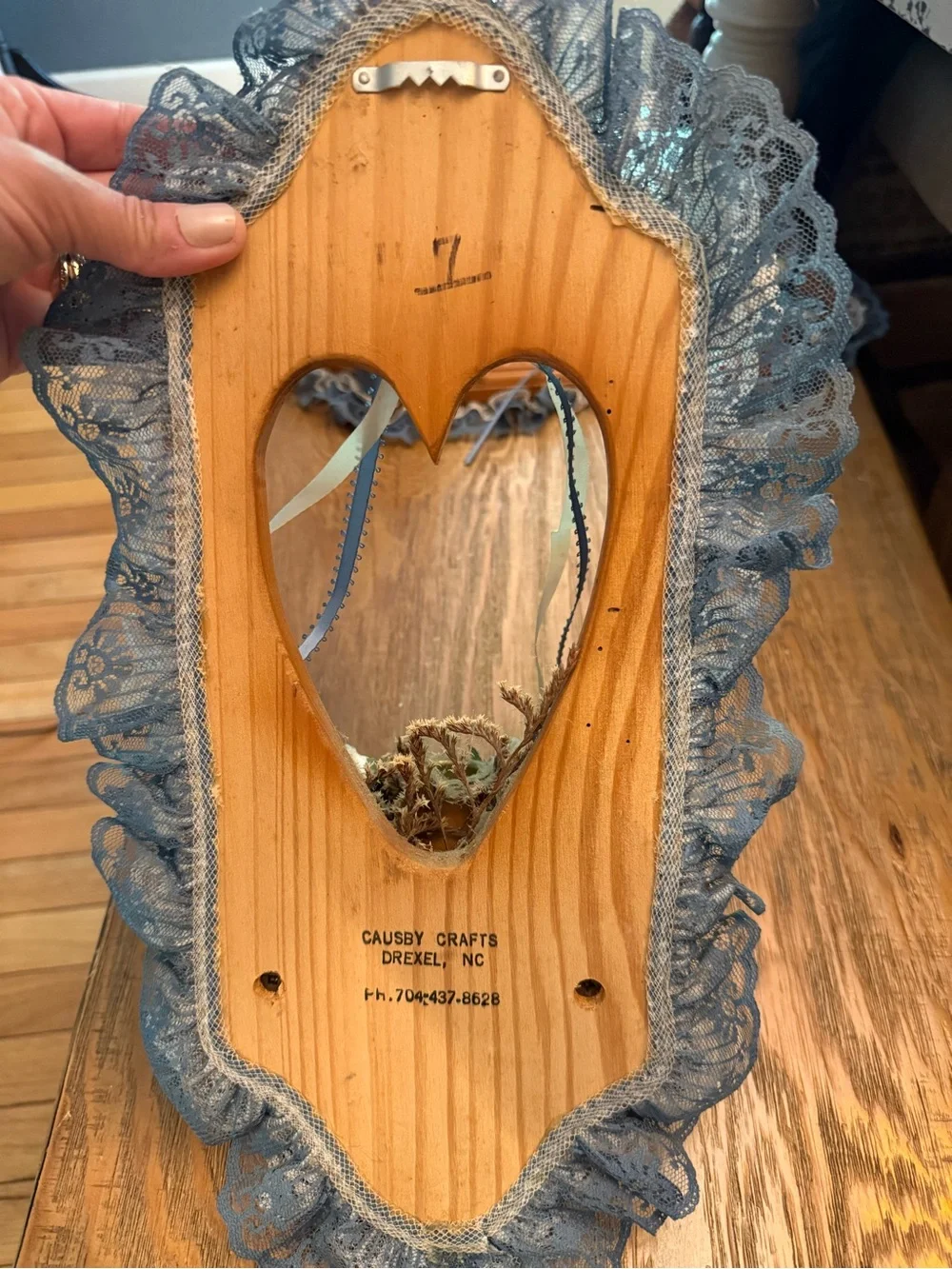 Wood Heart Wall Pocket Candleholder Blue & White Lace Trim Flowers cottage
